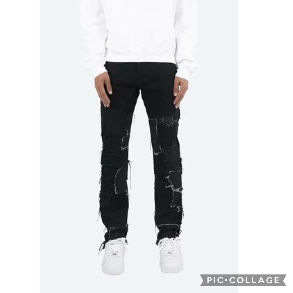 NWOT MEN'S KODY PHILLIPS FOR MNML LA BLACK JEANS RAW EDGE PATCHES SIZE 34 30